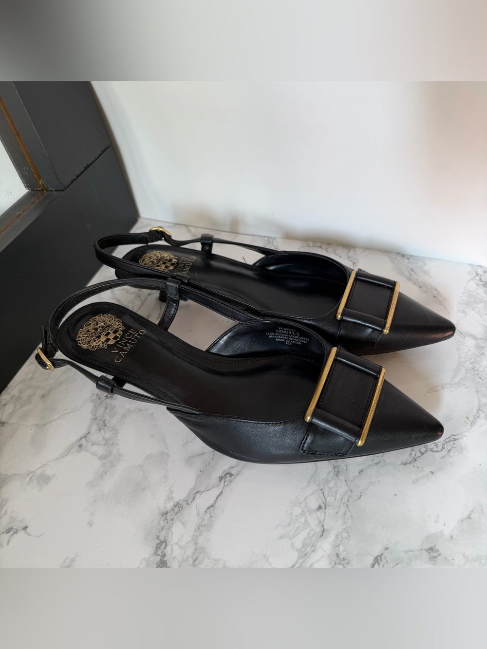 Vince Camuto Black Leather Pointed Slingback Mules with Gold Buckle Accent